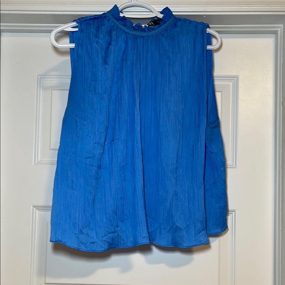 Zara Blue Pleated Mandarin Collar Blouse